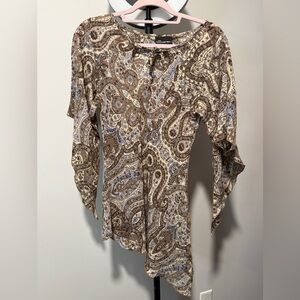 No Boundaries Brown and White Asymmetrical Blouse with Mandarin Collar